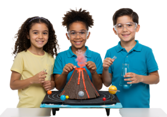 Engaged children in safety goggles joyfully explore science with an erupting volcano and solar system model, fostering curiosity and learning