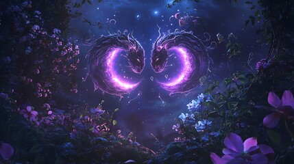 Cancer and Taurus symbols glowing in a serene moonlit garden, with vines and blooming flowers intertwining around them. 