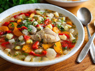 Vegetable soup with broad bean and chicken meat on wooden table