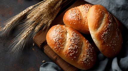 vibrant top view of rustic bread loaves with sesame seeds and wheat grains on wooden board