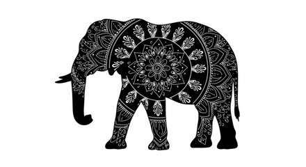 Detailed black and white elephant silhouette with mandala patterns on a white background design art vreated with genrated ai