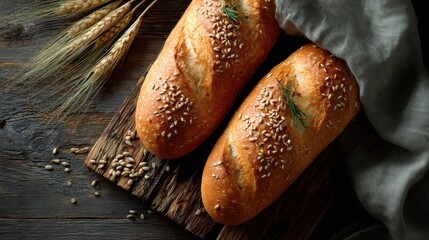 vibrant top view of rustic bread loaves with sesame seeds and wheat grains on wooden board