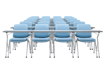Rows of Blue Classroom Chairs with Desks on Transparent Background