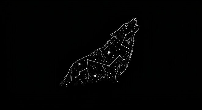 Stylized howling wolf silhouette filled with stars and constellation on black background design vreated with genrated ai