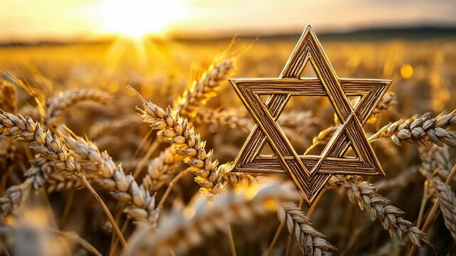Golden star of david in sunlit wheat field during sunset