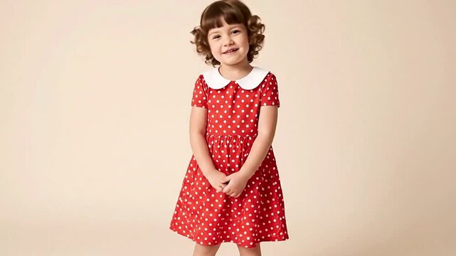 Girl in red polkadot dress white collar smiling standing against a neutral backdrop