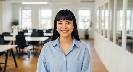 Fototapeta premium A smiling young asian woman with bangs stands in a modern office space with large windows