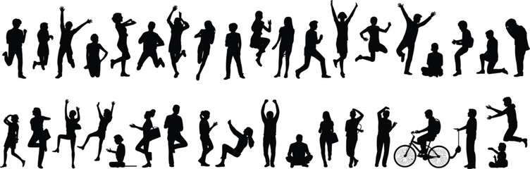 Human silhouette poses, dynamic activity set, cartoon motion figures, expressive movement, physical action, dancing, jumping, running, biking, stretching, playful gesture, minimal design