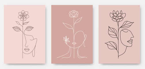 Set of abstract line art woman face with flower logo vector template