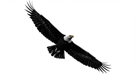 Naklejka premium A majestic bald eagle soars through the sky with its wings spread wide against a white background completely vreated with genrated ai