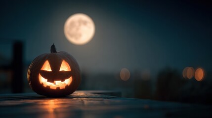 A glowing jack-o'-lantern with a carved smile sits on a wooden surface under a bright full moon in a dark, blurred outdoor setting.