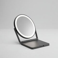 Fototapeta premium Black Illuminated Makeup Mirror on Gray Background for Cosmetic Use