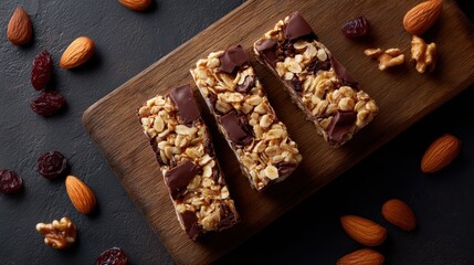Fototapeta premium moody top view of granola bars with chocolate, almonds, walnuts, and dried fruits on wooden board
