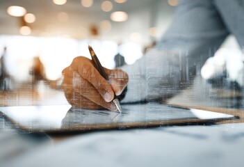 Close-up of person writing on a tablet.  Blurred background of a busy office.  Overlayed graphic elements