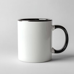 Plain white coffee mug with black rim and handle isolated on white background