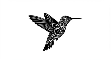 Obraz premium Intricate floral patterned hummingbird in black and white with stylized wing design flying against white vreated with genrated ai
