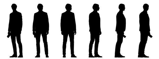 Vector concept conceptual black silhouette of a men standing holding a paper in hand from different perspectives isolated on white. A metaphor for business, leisure, social life and  lifestyle