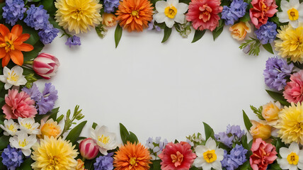 Obraz premium Vibrant spring floral frame with a variety of colorful blossoms like tulips and daffodils on a white background for a festive greeting