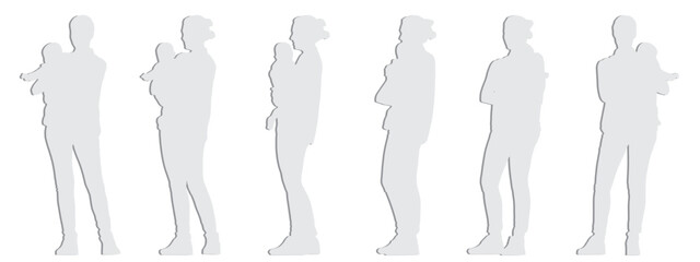 Vector concept conceptual gray paper cut silhouette of a woman baby in her arms from different perspectives isolated on white background. A metaphor for motherhood, love and care, family, and lifestyl
