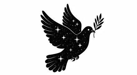 Obraz premium Black and white illustration of a dove with stars and a branch in its beak flying in the sky vreated with genrated ai