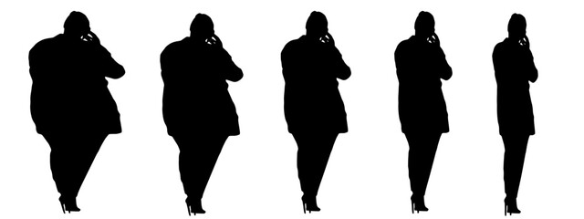 Conceptual fat overweight obese female vs slim fit healthy body after weight loss or diet on white background banner. A  fitness, nutrition or obesity, health shape illustration vector as silhouettes