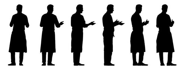 Vector concept conceptual black silhouette of a male waiter taking an order from different perspectives isolated on white background. A metaphor for working, business, relaxation and lifestyle