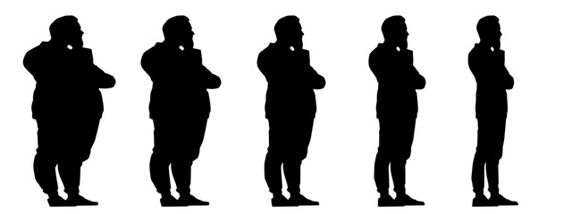 Conceptual fat overweight obese man vs slim fit healthy body after weight loss or diet, white background banner. A  fitness, nutrition or obesity, health care shape illustration vector as silhouettes