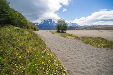 View of the mountain landscape in the national park Torres del Paine, Patagonia, Chile, South...