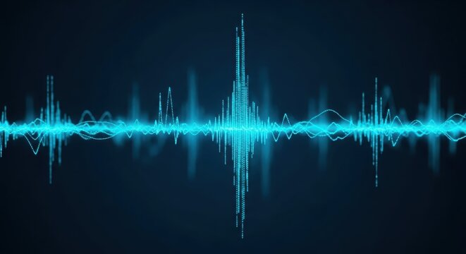 Abstract blue sound wave equalizer display with digital data stream and glowing light on dark background