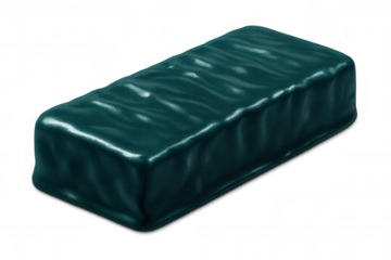 Turquoise protein bar drizzling chocolate glaze, representing nutrition and wellness against clean transparent backdrop