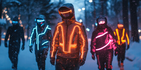 Friends wearing glowing led accessories and high-tech festive jackets walking together through snow-covered urban street during nighttime Christmas celebrations