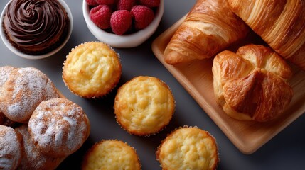 vibrant top view of bakery counter with muffins, croissants, cupcakes, pastries, and cookies on wooden tray