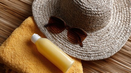 top view of tropical beach essentials: straw hat, sunglasses, sunscreen, towel, and coconut drink