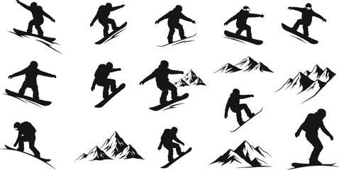 Snowboarders silhouette with mountain vector icons, snowboarding action poses, winter sports adventure scene, cad drawing flat vector illustration