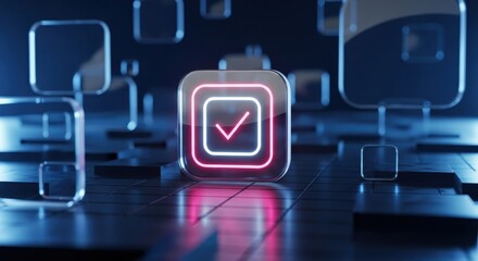 Abstract 3d render of a glowing checkmark icon with neon pink and blue light, set on a dark, textured surface with futuristic square elements