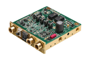 Compact Audio Processing PCB Module on Transparent Background