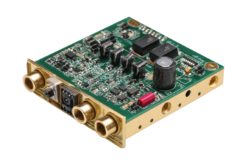Compact Audio Processing PCB Module on Transparent Background