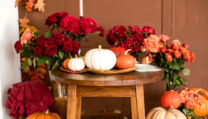 Autumnal still life with pumpkins and roses on a wooden table