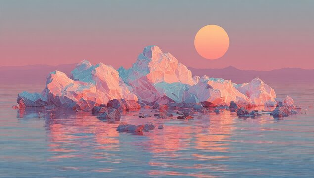 Pastel icebergs in a tranquil sunset scene.  A stylized landscape with a low sun casting a soft glow on abstract ice formations, reflected in calm water