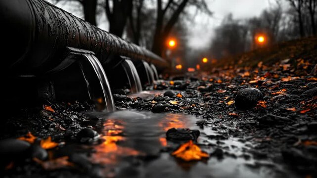 Autumn rainwater flowing through urban drainage illuminated by city lights