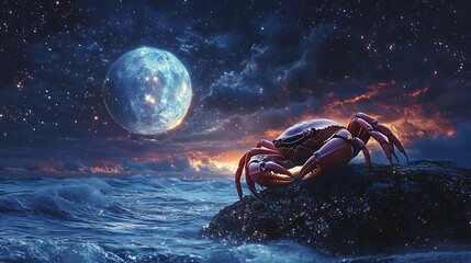Cancer's crab resting on a sparkling sea rock, under a sky filled with glowing stars and a giant pearl moon. 