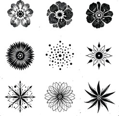 Set of Nine Black and White Floral and Geometric Motifs Featuring Stylized Petals, Starbursts, and Radial Symmetry