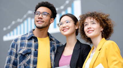 Fototapeta premium Diverse group of young professionals smiling confidently with upward graph in background