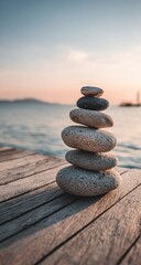 A stack of smooth, light-gray and dark-gray stones sits balanced on a weathered wooden dock, facing a tranquil ocean sunset