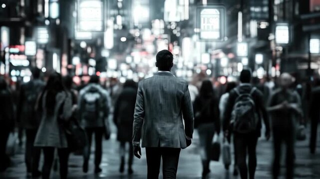 Urban evening rush: man navigating through bustling city crowd illuminated by neon lights