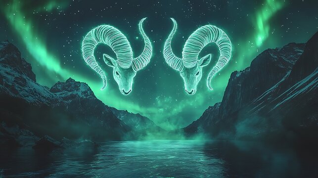 Capricorn and Pisces symbols harmonizing in an oceanic and mountainous cosmic landscape, glowing under a radiant aurora.  - Powered by Adobe