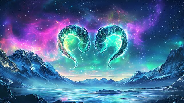 Capricorn and Pisces symbols harmonizing in an oceanic and mountainous cosmic landscape, glowing under a radiant aurora. 