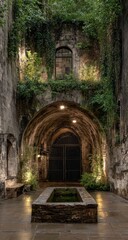 Fototapeta premium Ruined stone archway with lush greenery. Illuminated courtyard