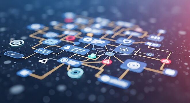 Low code development platform with digital workflow automation user interface icons and visual programming for business software innovation

