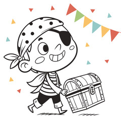 Vector art of a cute pirate boy is running with a treasure chest
